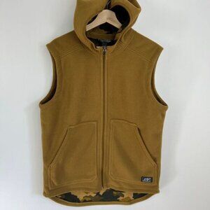 Eddie Bauer Men’s Medium Brown Tan Camo Fleece Ribbed Lined Hooded Vest Jacket